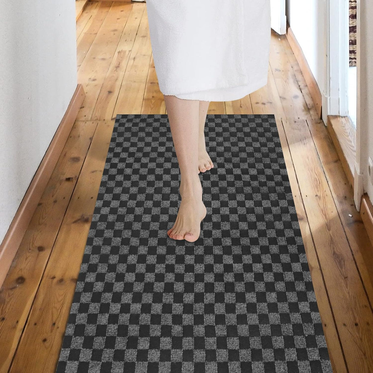 Custom Size Backed Non-Slip Area Rugs Runner, Easy Clean, Waterproof Runner Rugs for Hallway Entryway, Kitchen, Laundry, 2FT x 73FT, Gray Checkered