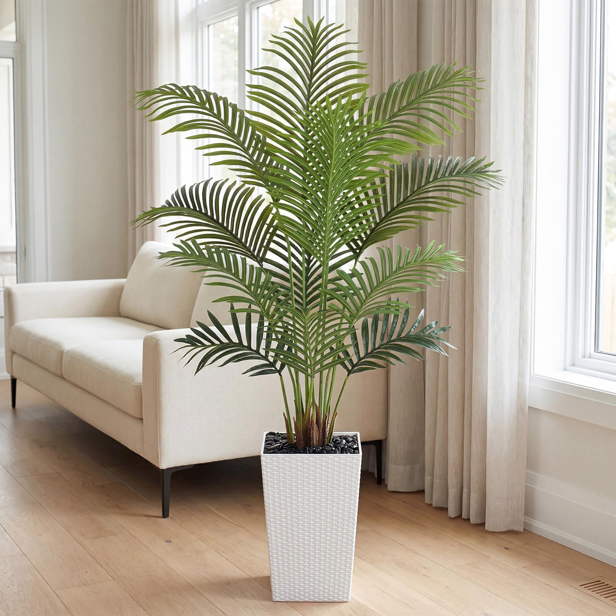 Keeplush 5ft Artificial Palm Tree with White Planter - Tall Fake Palm Tree Indoor Fake Tropical Plant for Home Office Living Room Bedroom Modern Decor
