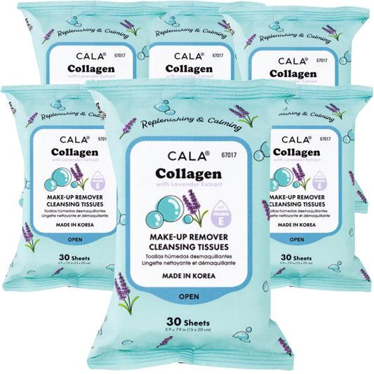 CALA Makeup Remover Cleansing Tissues: Collagen with lavender (30 Sheets) - Gentle, Hydrating, and Effective Makeup Removal for All Skin Types (180 count, COLLAGEN + Lavender, Pack of 6)