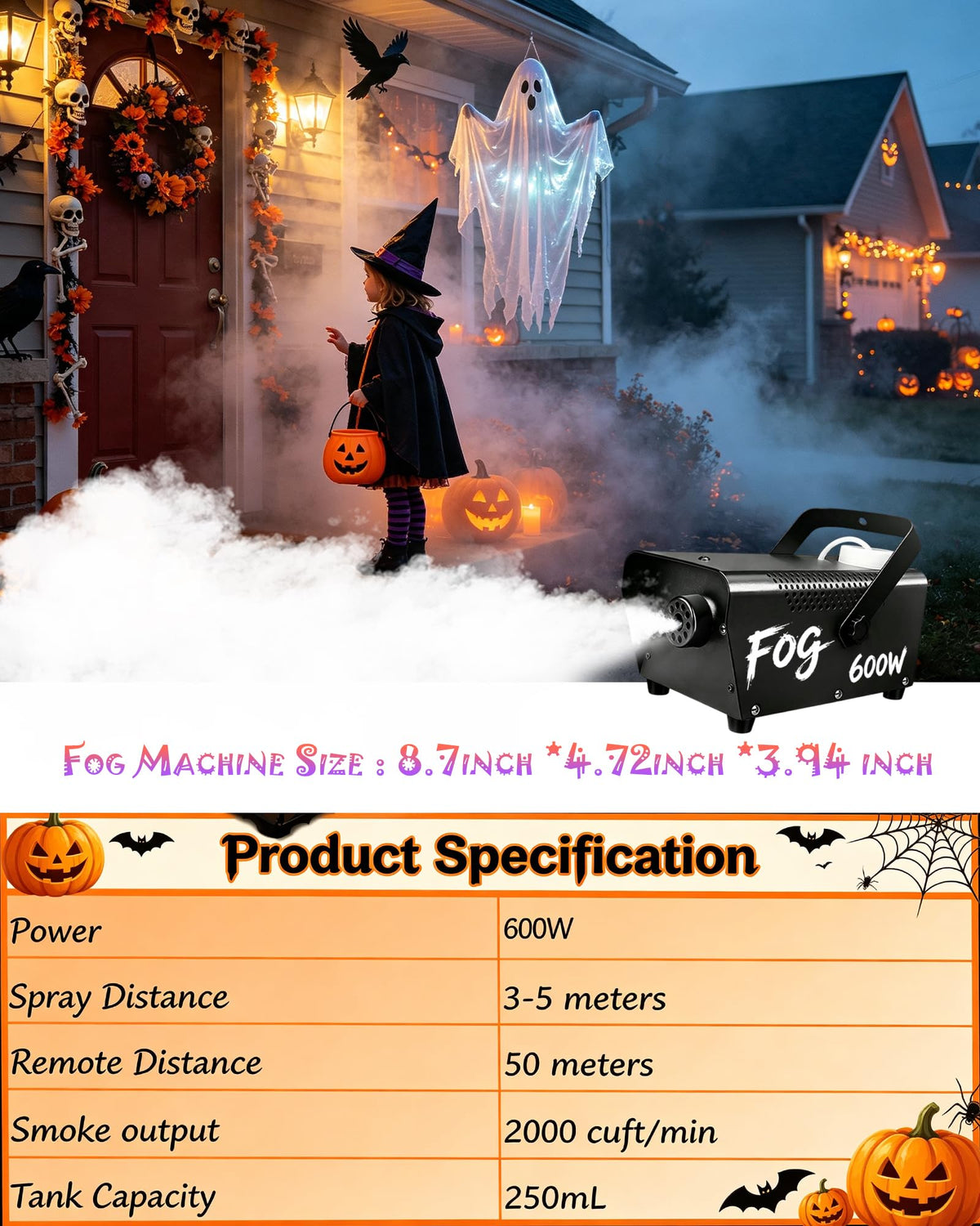Fog Machine 600W Halloween Smoke machine Indoor Outdoor Stage