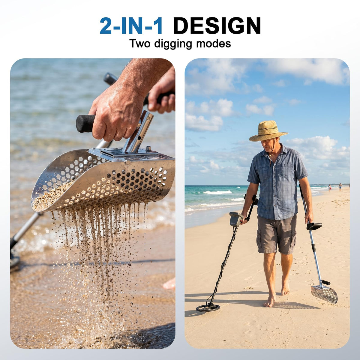 Long Handle Sand Scoop, Stainless Steel Shovel Scoop for Metal Detecting for Adults, Shovel Underwater Treasure Hunting, Adjustable Length, Handheld with Long Steel Handle Pole Design, 45 Inches