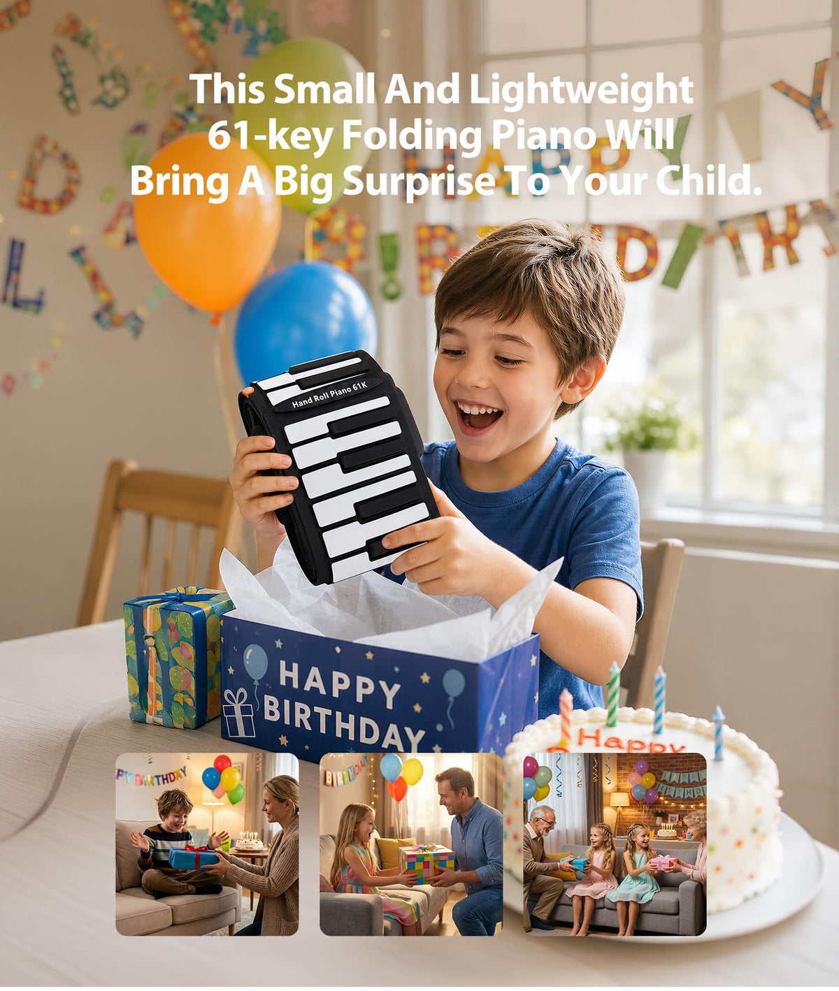 MARVTOWN 61Key Portable Small Roll Up Piano Keyboard For Kids,Foldable Flexible Electric Keyboard Piano with HIFI Speaker,14 Demo Songs,128 Tones,Earphones,USB-C Charging Best Gift For Beginner Travel
