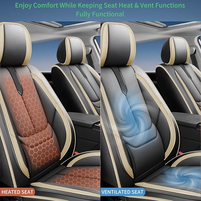 Fit Insight Car Seat Covers for Honda Insight 2010-2021 2022-Upgraded Premium Waterproof & Breathable Leather,Airbag Compatible,All-Weather Seat Cushion Protector,Full Set,Black-Beige