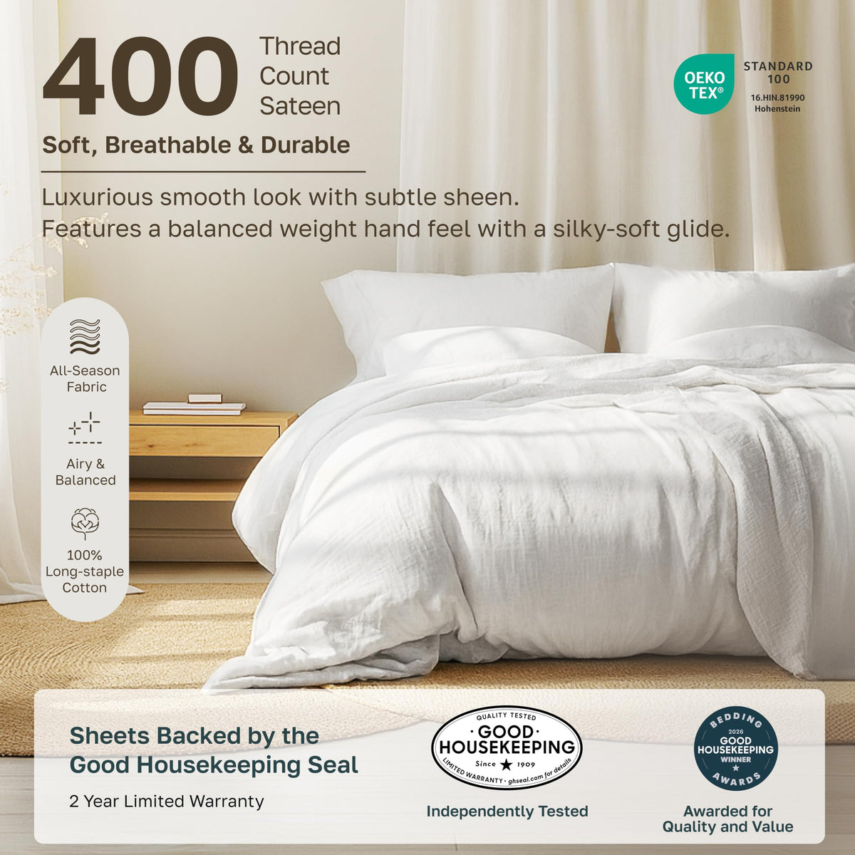 California Design Den Soft 100% Cotton Sateen Queen Bed Sheets Set, White
