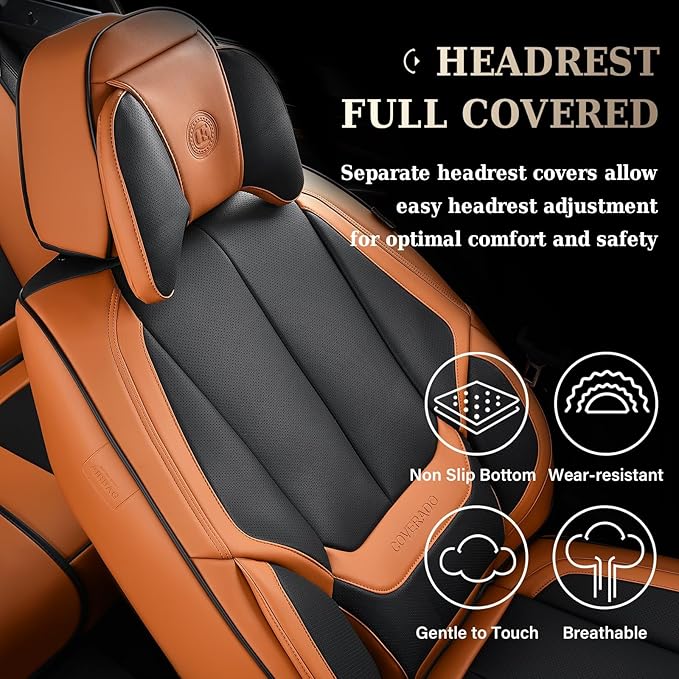 Coverado Universal Seat Covers Full Set, 5 Seats Universal Seat Covers for Cars, Waterproof Nappa Leather Car Seat Covers with Head Pillow, Auto Protectors Fit for Most SUV Pick-up Truck-Black&Brown