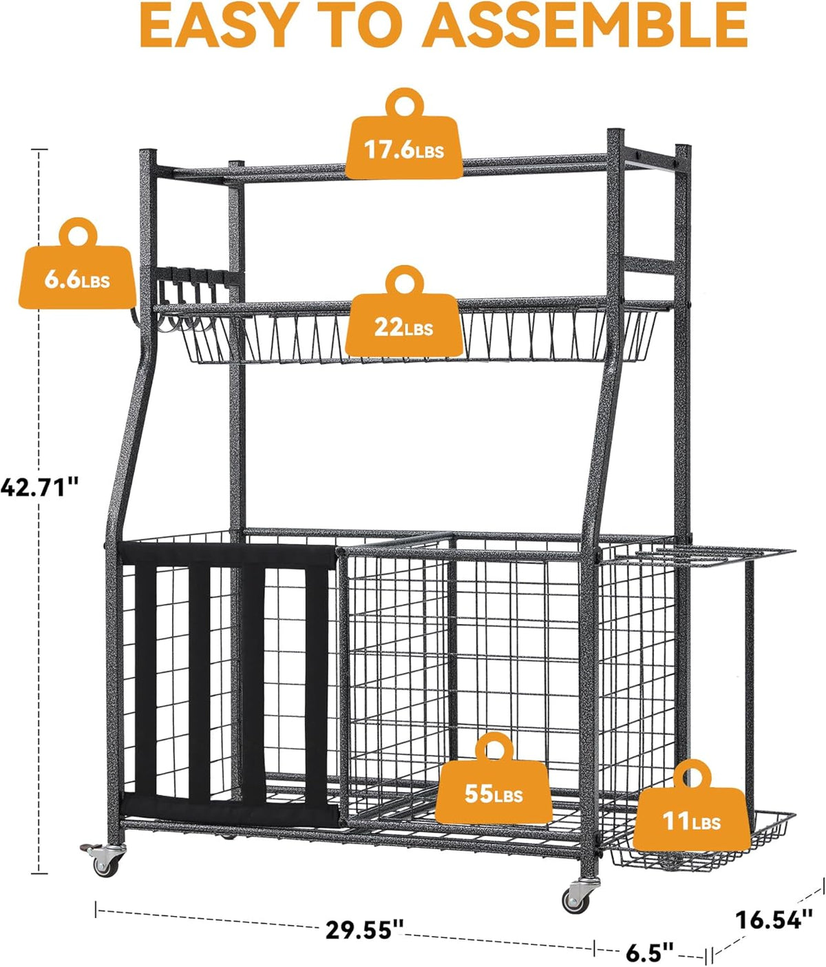 HOMREST Sports Equipment Storage, Ball Storage, Ball Holder, Garage Sports Organizer with Basket and Hooks, Rolling Sports Ball Storage with Wheels for Toy Sports Gear Storage, Black