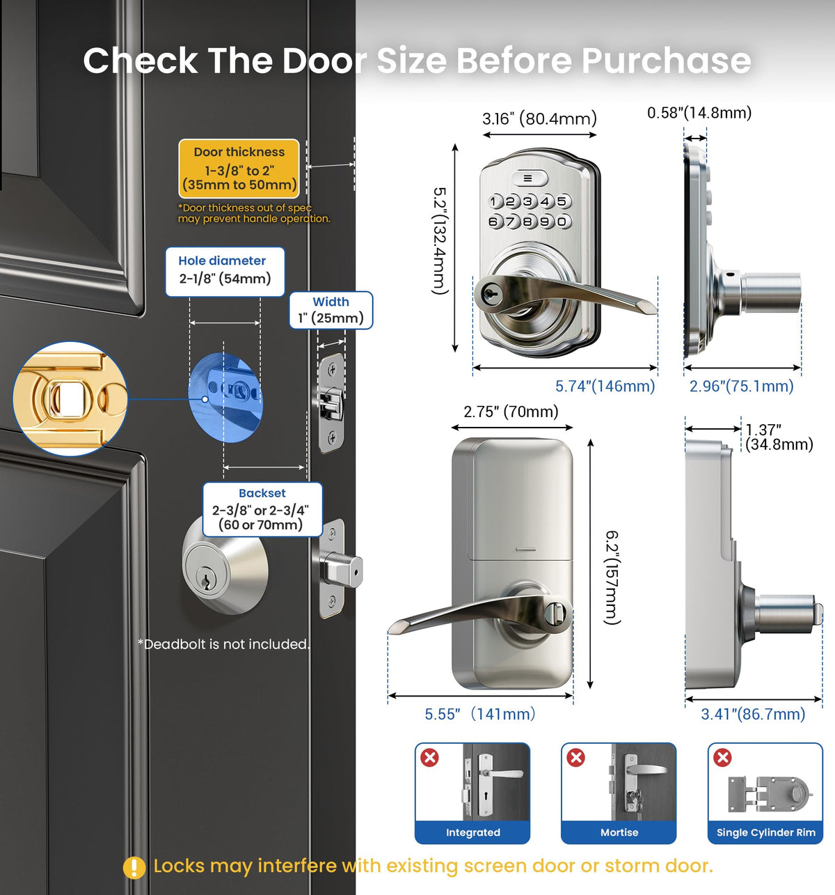 Veise KS04 Keypad Door Lock with Zinc Alloy Handle, Satin Nickel
