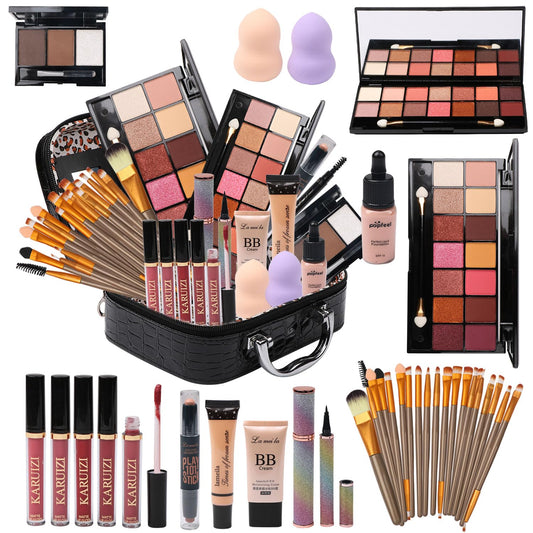 MTDXILTAI All in One Makeup Kit for Makeup storage bag 2X14 Colors Eyeshadow Palette Liquid Foundation Eyeliner Pencils Contouring Stick Lip Gloss 20Pcs Make up Brushes For Women Girls Teens (Black)