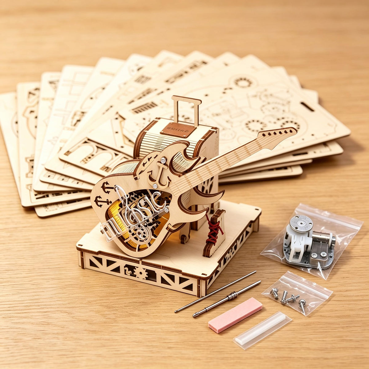3D Wooden Puzzle Music Box, Guitar DIY Model Kit, Electric Guitar Model 3D Wooden Puzzle, Gears and Strings Jigsaw Puzzle, DIY Presents for Kids & Toddlers