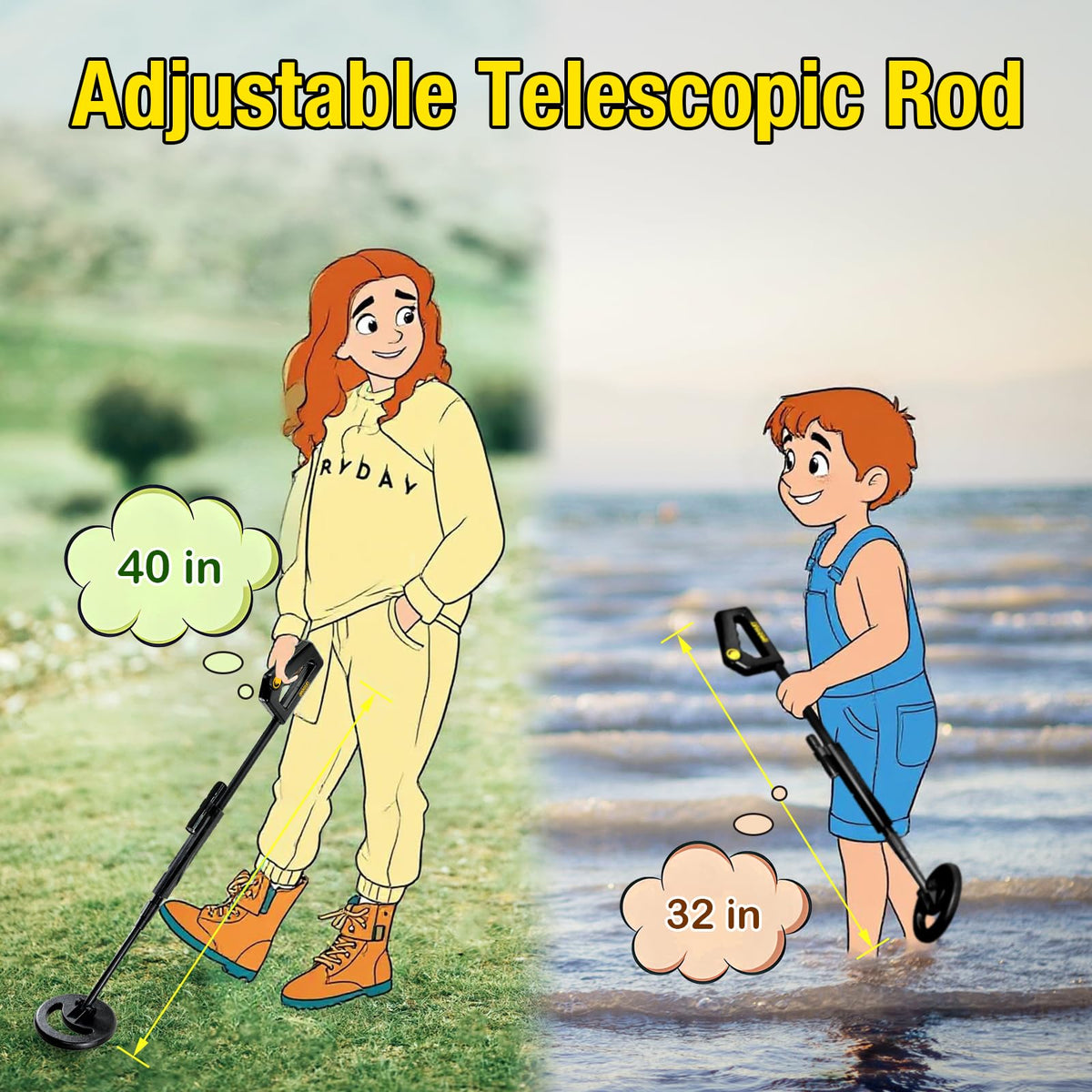 ALLOSUN Metal Detector Handheld Waterproof 6" Search Coil, Adjustable 31.1"-40.2" Metal Detectors with Flashlight for Night Exploration TS20A (Black)