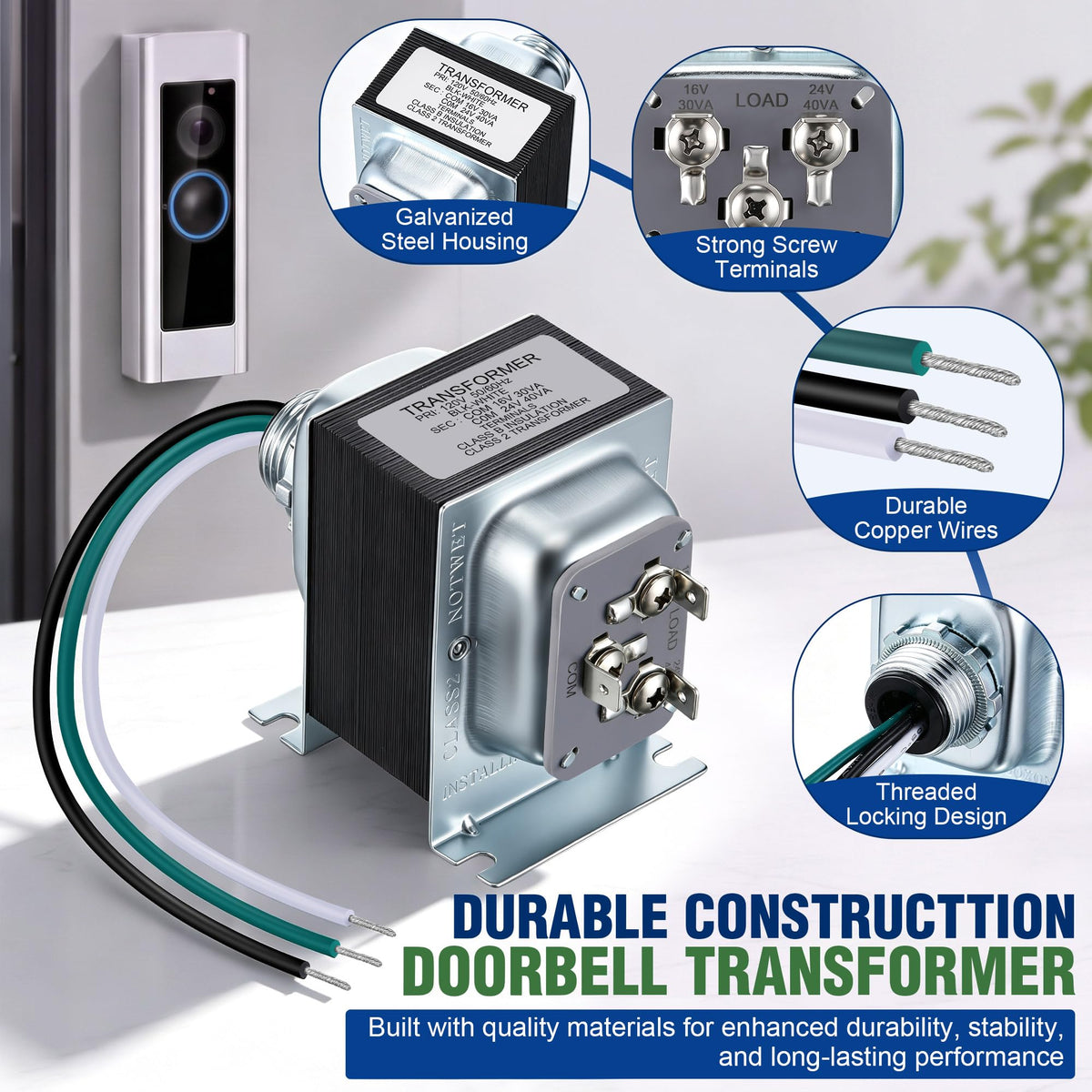 Dual-Volt 16V 30VA and 24V 40VA Doorbell Transformer for Wired Doorbells