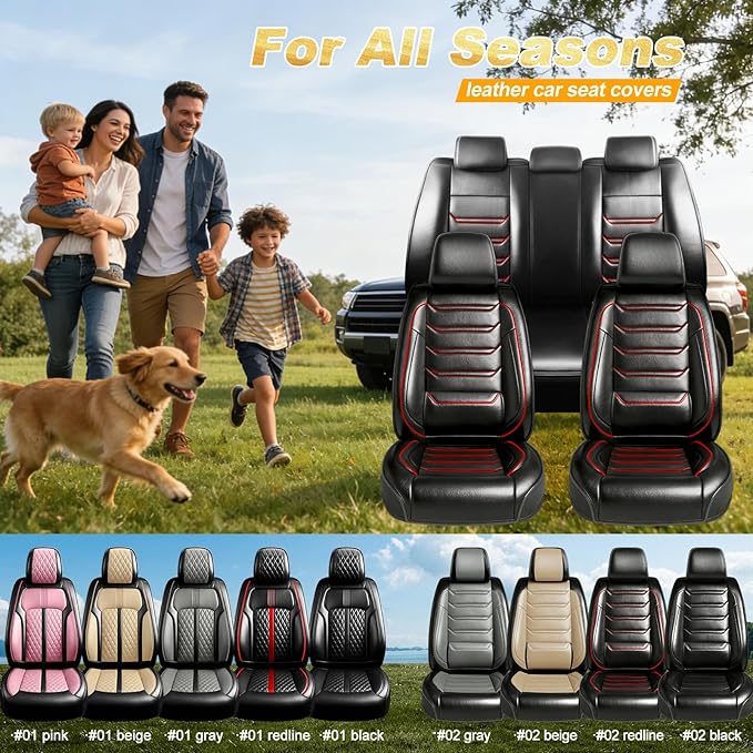 Fit Prologue Car Seat Covers (Front Pair) for Select Honda Prologue 2024-2026 - Premium Full Coverage Leather, Airbag Compatible, Waterproof & All Weather Seat Cushion Protector, Red Trim