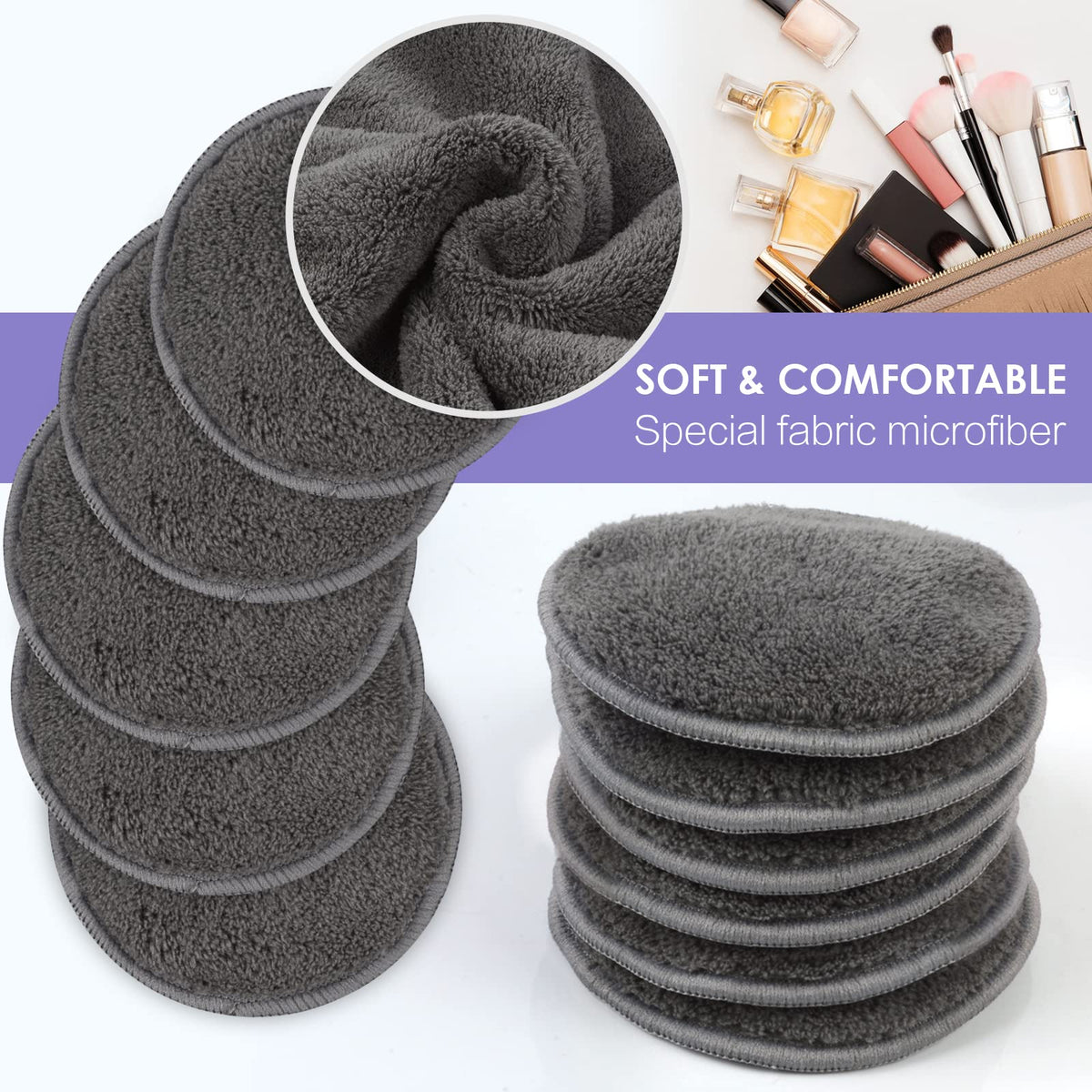 SUNLAND Reusable Makeup Remover Pads,Round 3.15inch,16 Pack,Darkgrey