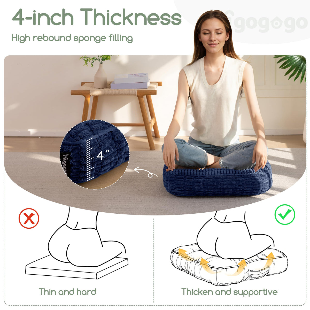 HIGOGOGO Floor Pillow Cushion for Adults, Meditation Cushion Pillow, Blended Corduroy Cover, Large Square Floor Sitting for Tatami Living Room or Yoga, 2Pack, Navy