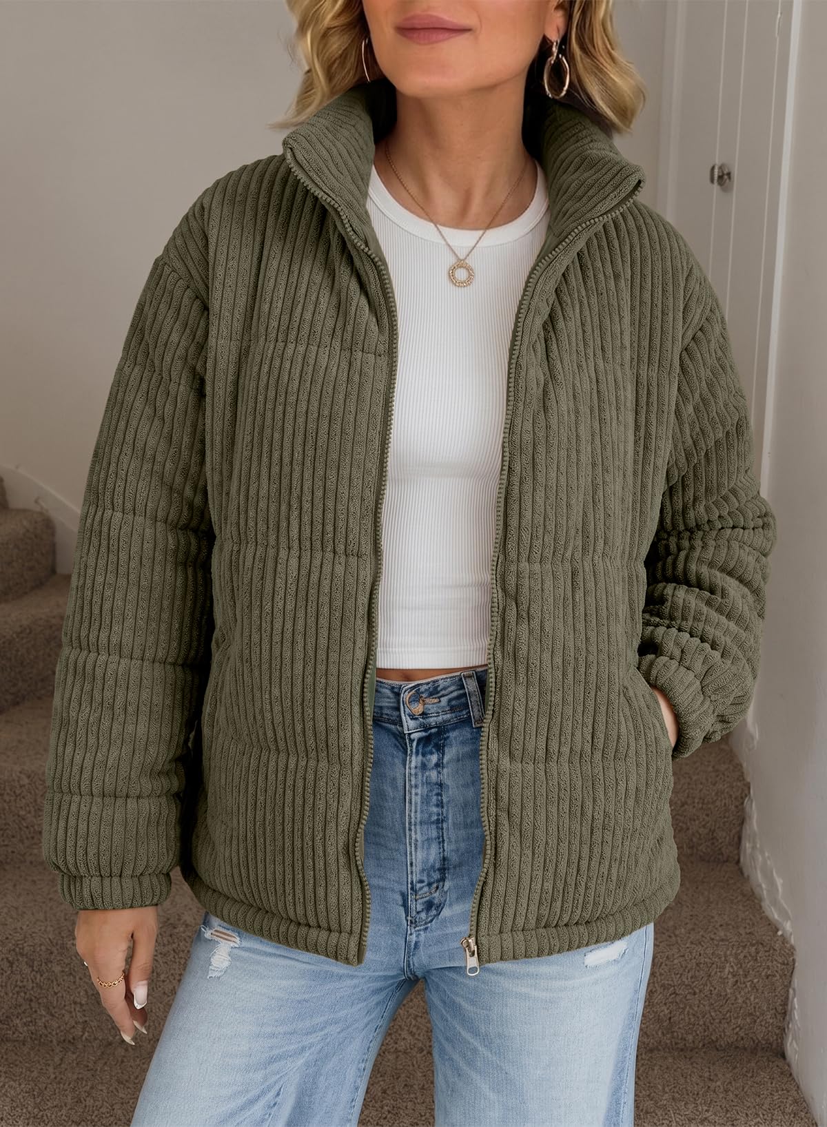 Dokotoo Womens Winter Cropped Jacket Coat Zip up Corduroy Ladies Tops Green