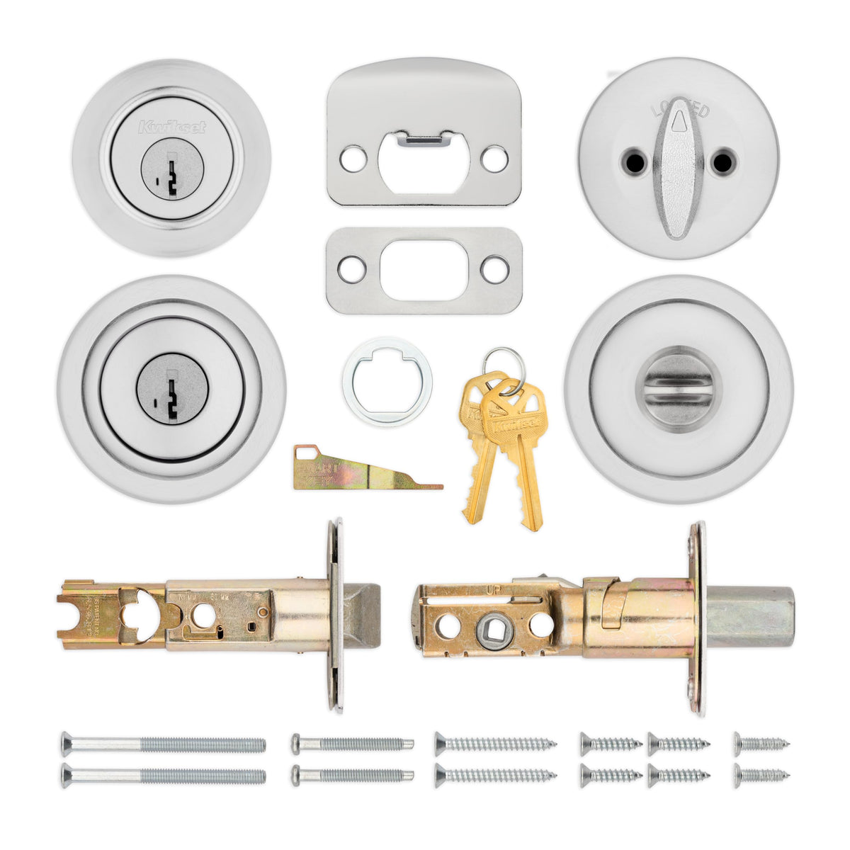 Kwikset Tylo Front Door Lock Handle and Deadbolt Set, Entry Handleset Exterior with Interior Door Knob, Satin Chrome, Pick Resistant SmartKey Rekey Deadbolt Security