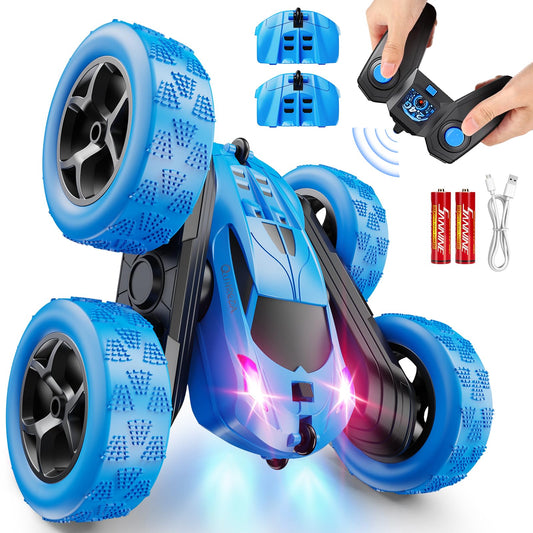 QUNREDA Remote Control Car, RC Cars Toys for Kids Ages 6-12, 4WD Stunt Car with LED Lights & 360° Flips, 2.4GHz, Upgraded USB-C Modular Batteries, 8-10 Year Old Boys Birthday Gift 1-Blue