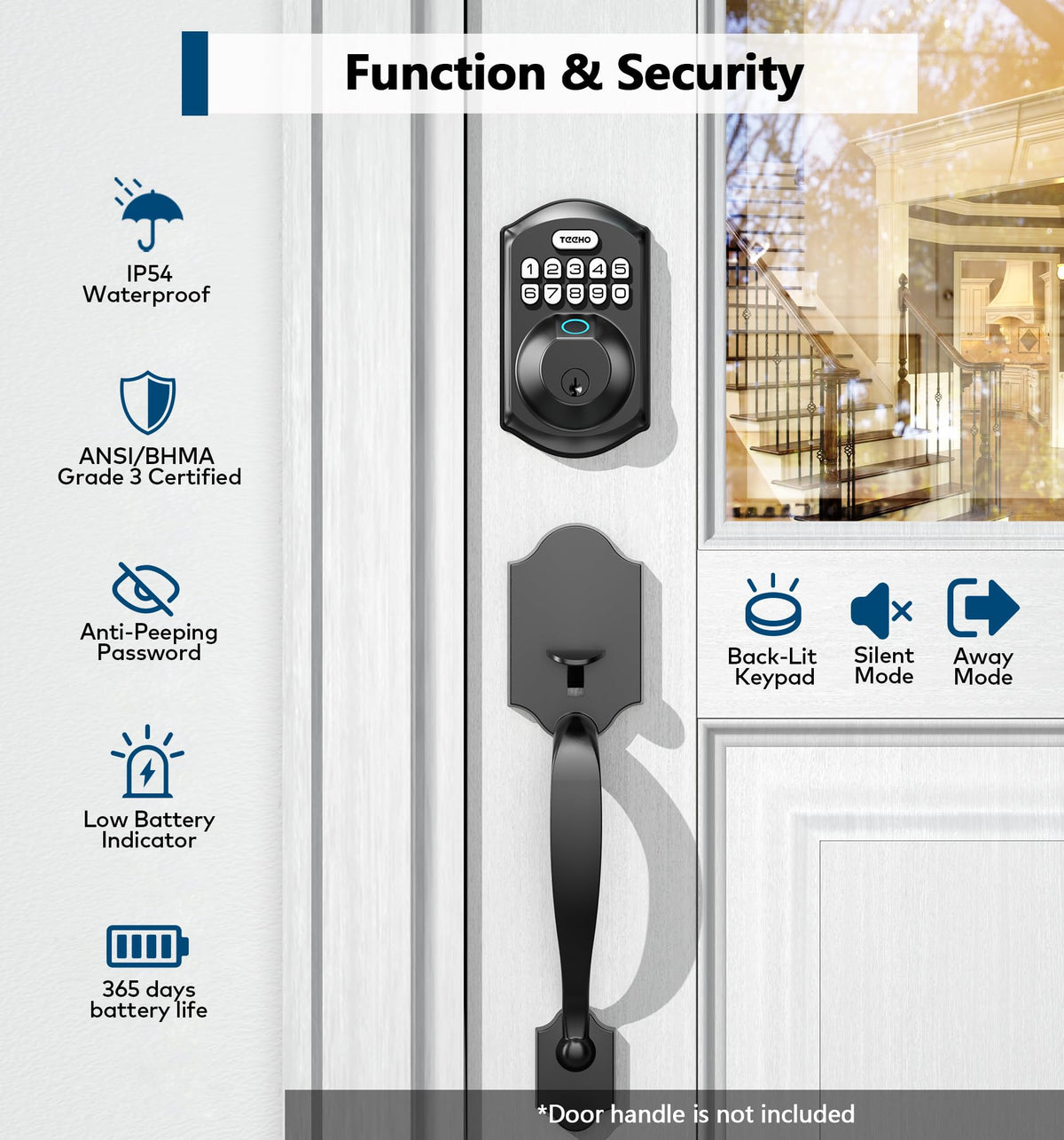 TEEHO TE002 Fingerprint Deadbolt with Keypad for Front Door, Matte Black