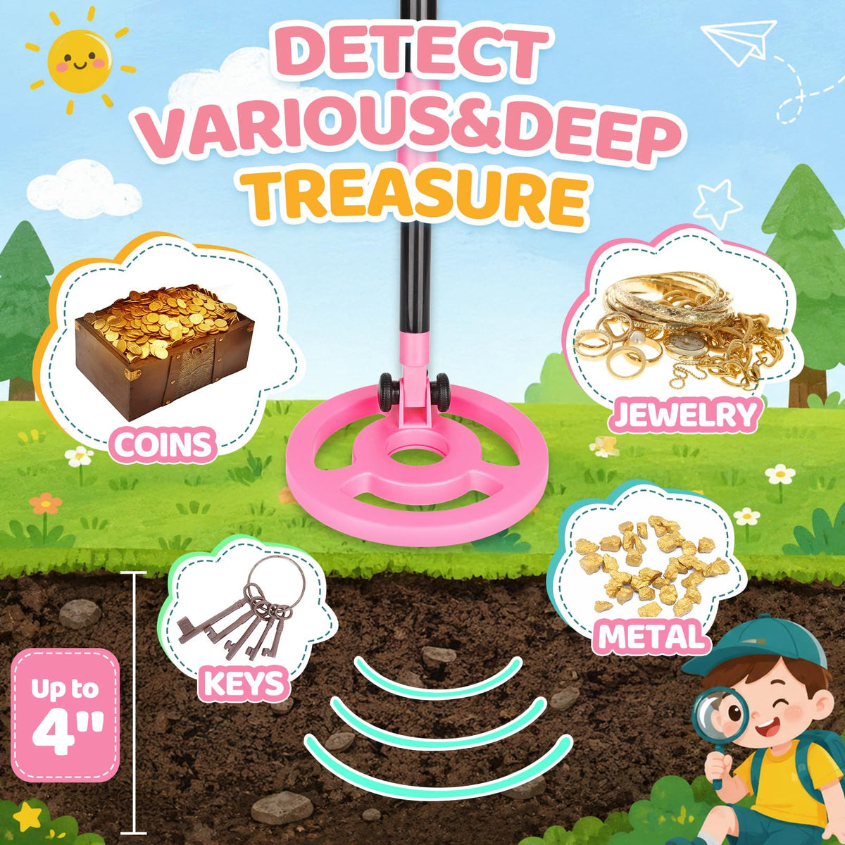 OMMO Metal Detector for Kids, Auto Calibration, LCD Display, Pink