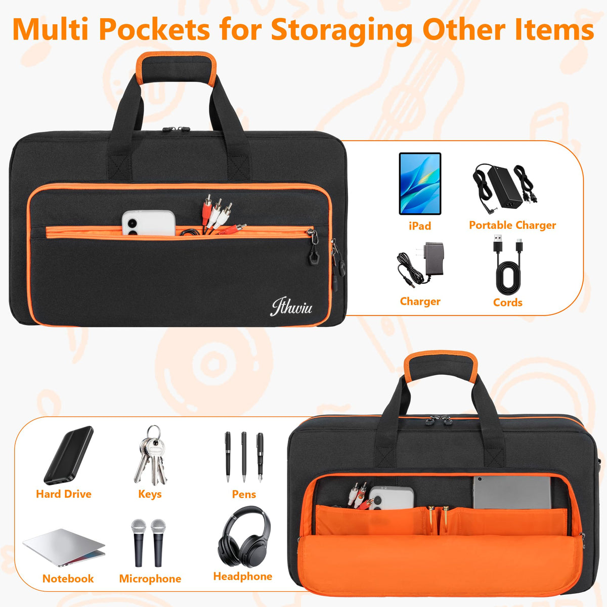 ITHWIU Padded DJ Controller Case Compatible with DDJ FLX4/DJ 400/DDJ REV1, DJ Carrying Bag with 5-Pocket fits up to 15.6'' Laptop, Headphones, Cables, with Adjustable Shoulder Strap, 21.5"x11.8"x2.5"