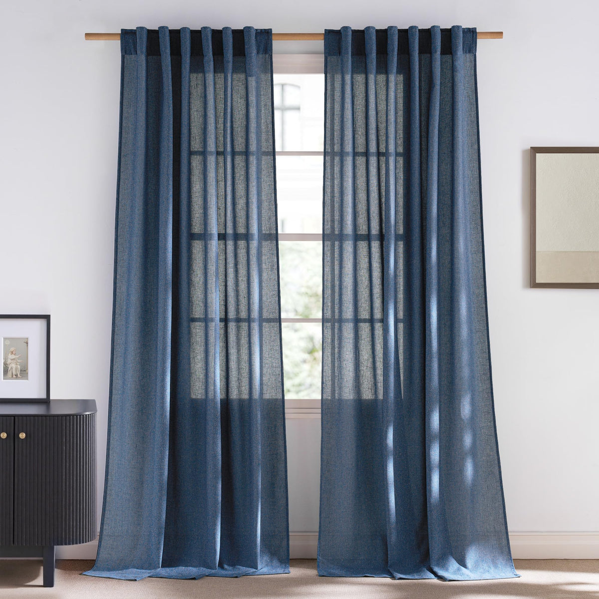 NICETOWN Thick Linen Navy Blue Curtains 96 inches Long, Rod Pocket & Back Tab Flax Semi-Sheer with Light Filtering Window Treatments Privacy Assured for Living Room, W55 x L96, 2 Panels