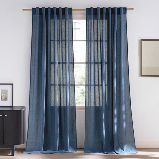 NICETOWN Thick Linen Navy Blue Curtains 96 inches Long, Rod Pocket & Back Tab Flax Semi-Sheer with Light Filtering Window Treatments Privacy Assured for Living Room, W55 x L96, 2 Panels