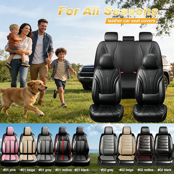 Fit Civic Car Seat Covers (Front Pair) for Select Honda Civic 2020-2026 Sedan (Not for Coupe), Full Coverage Leather, Waterproof All-Weather Breathable Seat Cushion Protector, Black & Red Trim