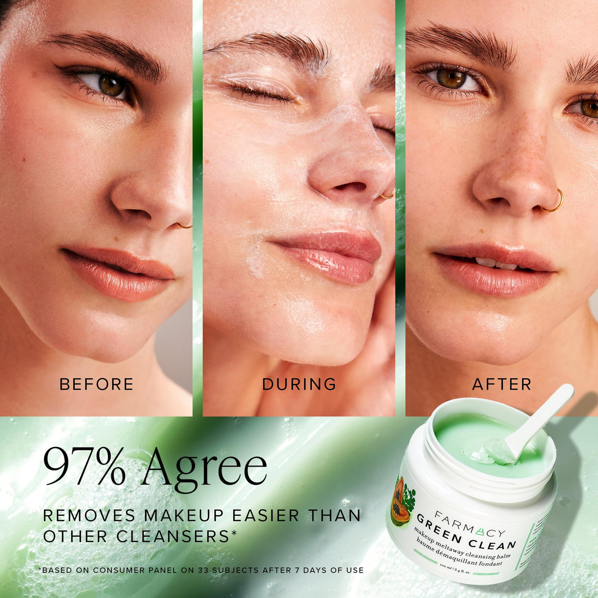 Farmacy Makeup Remover Cleansing Balm - Green Clean Waterproof Makeup Remover Balm + Oil Cleanser for Face - Gently Melts Make Up + SPF - Hydrates + Softens Skin with Super Greens + Papaya (50ml)
