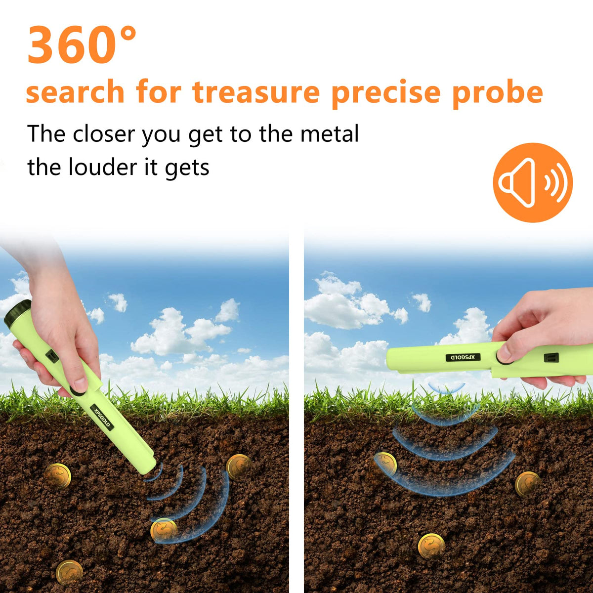 XPSGOLD Metal Detector Pinpointing,Waterproof Pinpointer 360 Degree Search Gold&Treasure Finder with Belt Holster &LED Indicator& Buzzer Vibration, for Adults and Kids(Green)