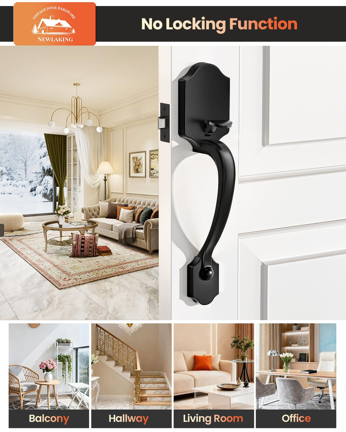 Front Door Handle with Reversible Knob Handle, Matte Black, Zinc Alloy