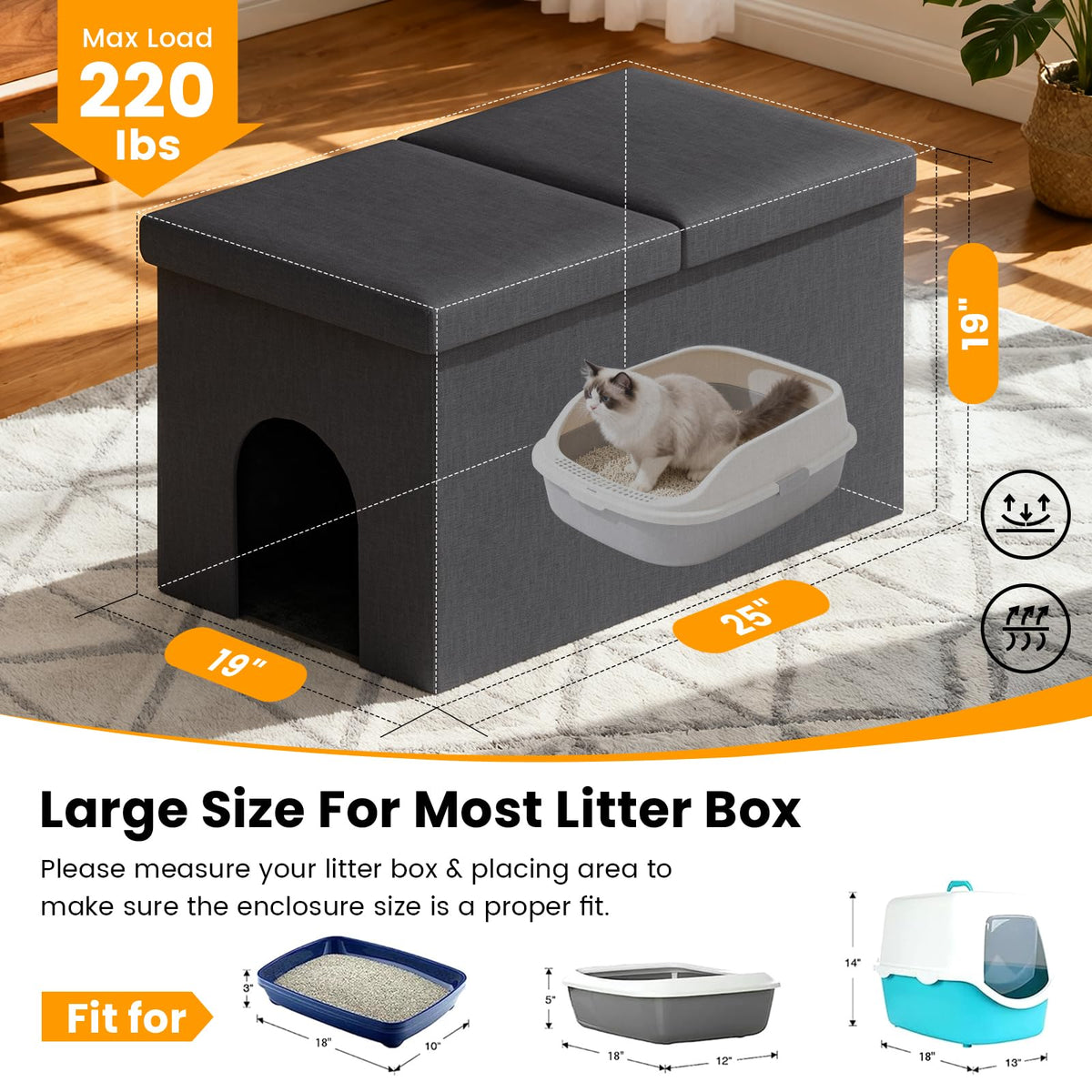 Fecuria 3-in-1 Cat Litter Box Enclosure with Odor Control, Multi-Functional Hidden Litter Box Furniture Bench, Dog Proof, Space-Saving Ottoman Cabinet with Flip-Up Lid, Storage Footrest, Dark Grey