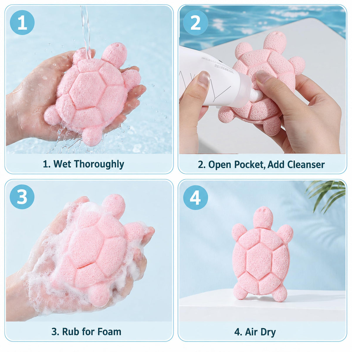 Coieaa Cute Turtle Facial Sponge, Soft Reusable Face Scrubber Exfoliator, Gentle Makeup Remover & Daily Cleansing Sponge, Ideal for Sensitive Skin (6, Pink & Purple)