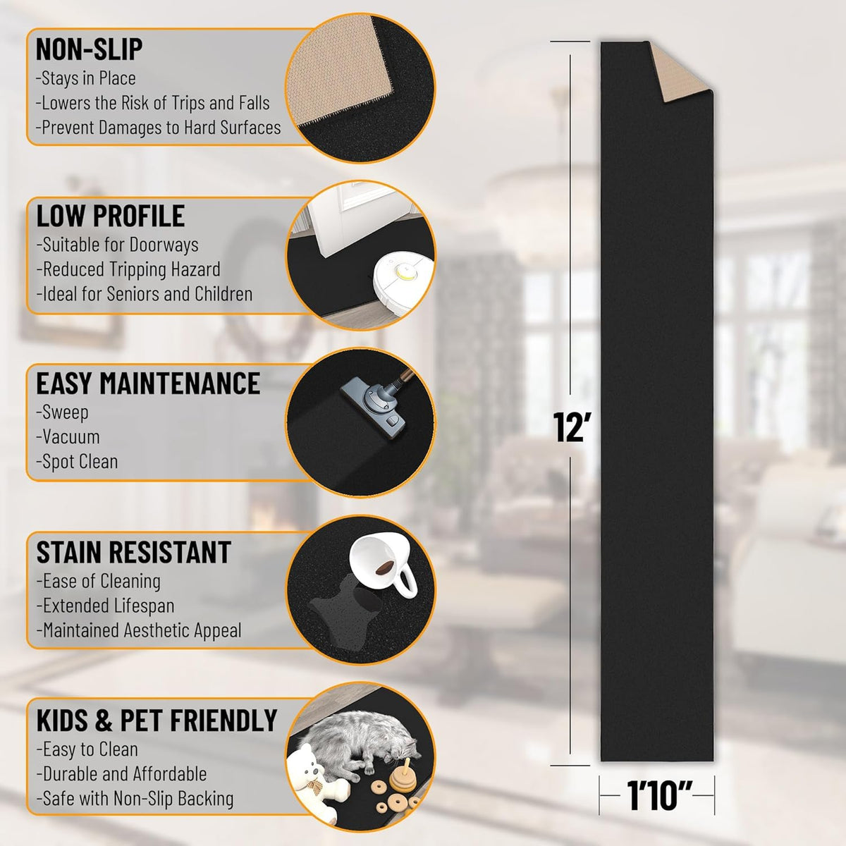 Ottomanson Hallway Runner Rug 1'10" x 12' Non Slip Solid Area Rugs Easy to Clean Laundry Rug Runner Durable & Pet Friendly Floor Carpet Runners for Hallways Entryway Living Room Kitchen, Black
