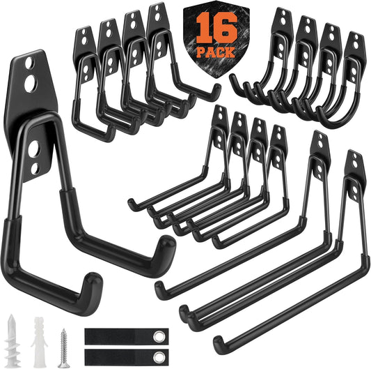 Nacial 16 Pack Garage Hooks Heavy Duty, Utility Steel Garage Storage Hook with 2 Storage Straps, Utility Garage Wall Mount Hooks for Hanging Bike, Ladder and Garden Tools, Perfect for Father Day Gifts
