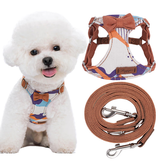 Puppytie XXS Dog Harness and Leash Set, Suede Bow Brown, XXS (2.2–6 lbs)