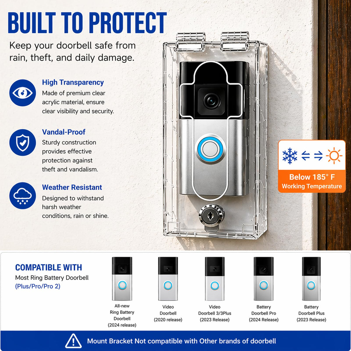 Outdoor Anti-Theft Doorbell Lock Box for Ring, Clear Acrylic Slip-On Cover
