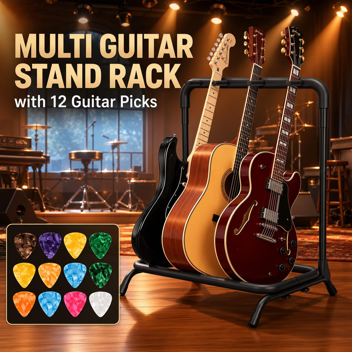 Tipatyard 3 Multi Guitar Stand Rack with 12 Guitar Picks - Foldable Multi Guitar Rack with Guitar Picks in 4 Thicknesses - Universal Guitar Holder for 5 Guitars - Ideal for Acoustic Guitar, Electric Guitar, Bass