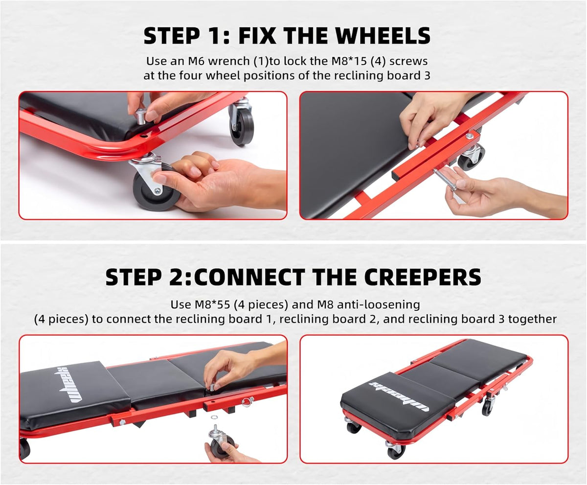 Mechanic Creeper 36 Inches 2 Modes Z Seat 340 lbs Capacity, Foldable Garage Chair Adjustable Rolling Folding with 6 pcs Wheels Roller, Lay Down or Sit, Under Car, Auto Repair Red Black Man Gift