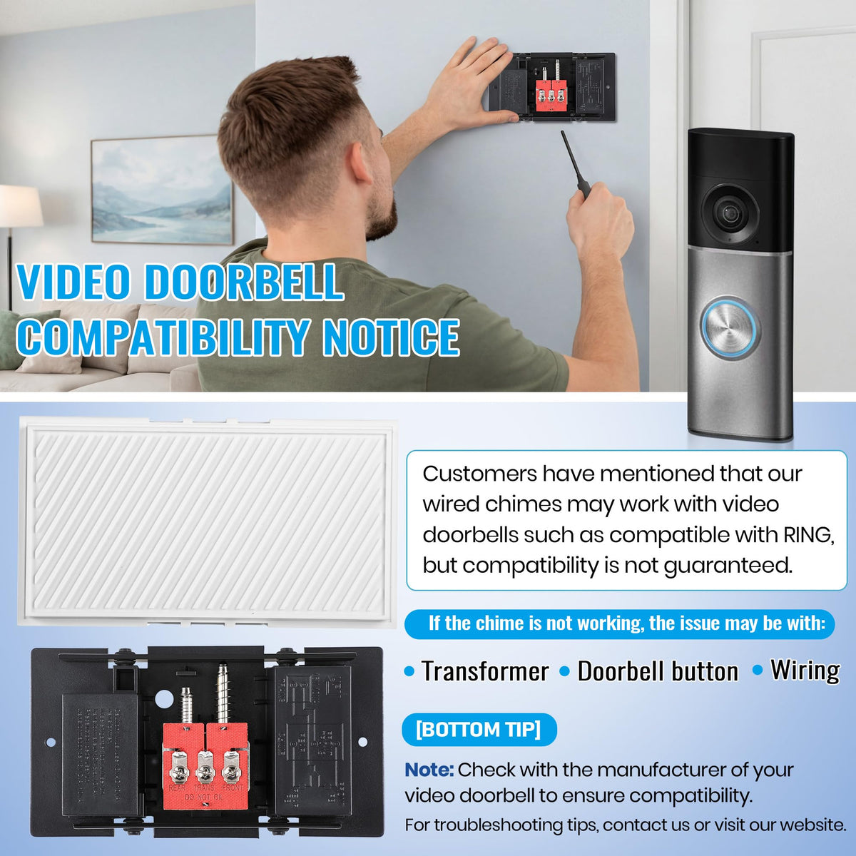 Wired Doorbell Chime, 16V 10VA Front and Rear Door Chime, Delicate Style