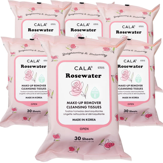 CALA Makeup Remover Cleansing Tissues: RoseWater (30 Sheets) - Gentle, Hydrating, and Effective Makeup Removal for All Skin Types (180 count, Pack of 6)