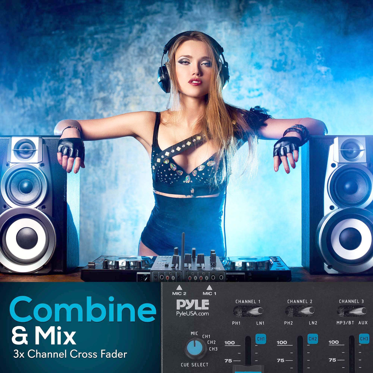Pyle 3-Channel Professional DJ Mixer w/ Bluetooth - Dual Balanced Mic Inputs w/ Talkover, USB-A MP3 Player, Phono/Line In, CUE Monitor, Crossfader, LED Display for Mobile DJ, Karaoke, Events - PMX8BU