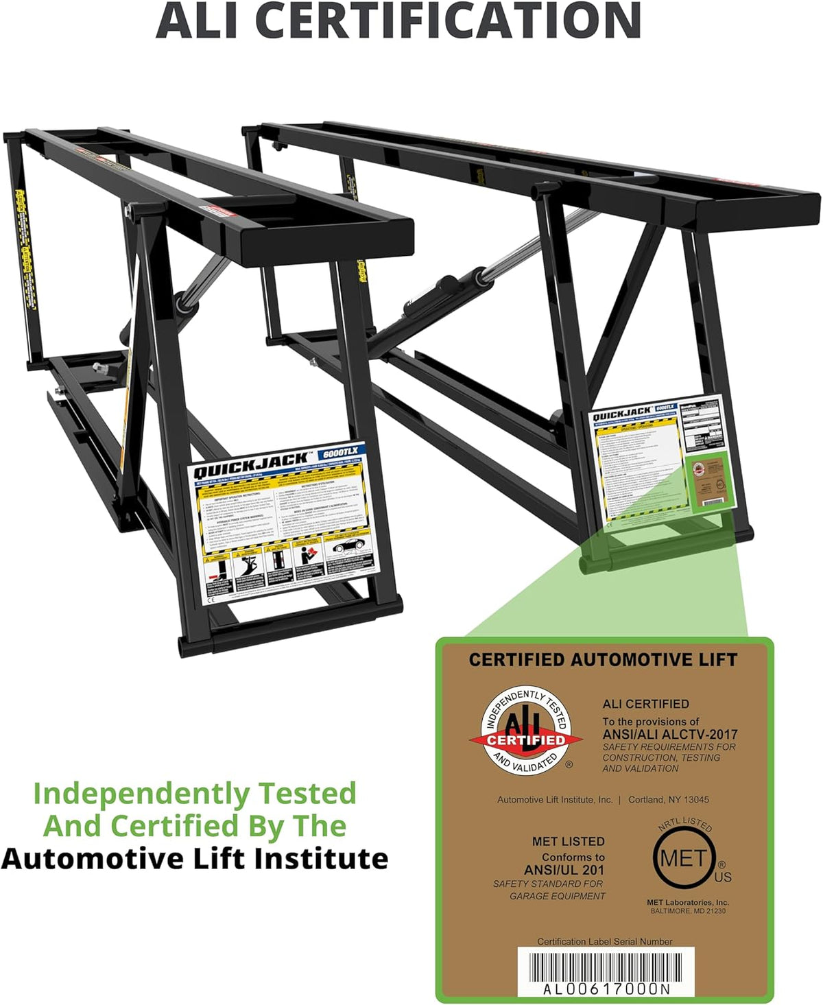 QuickJack 6000TLX Portable Car Lift with 6,000lb Capacity, with 110V Power Unit, Safe & Portable Design Garage Lift for Home, Garage, Shop, or Mechanic Auto Repair