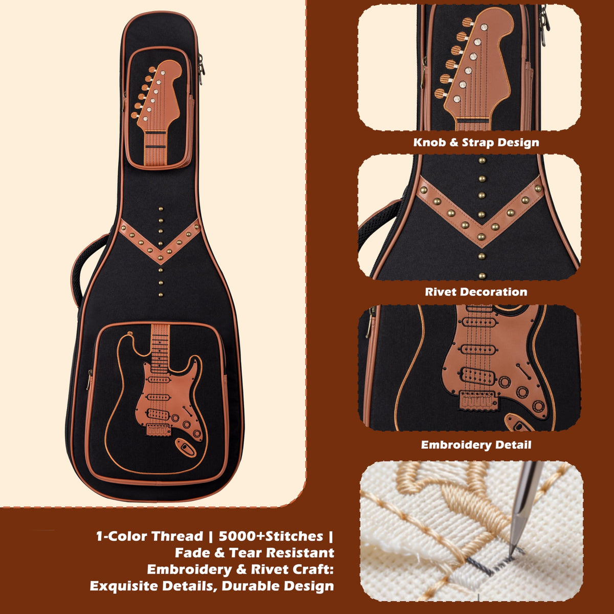 PPOPPO 39/40" Electric Guitar Bag 0.5" 300D Waterproof PU Punk Rivet Style