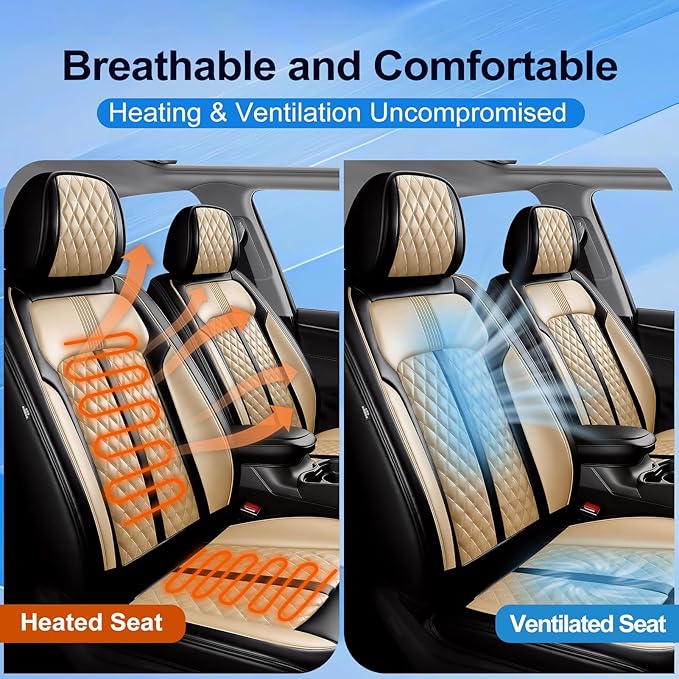 Fit Civic Car Seat Covers for Honda Civic 2020-2026 Sedan(Not for Coupe) - Premium Full Coverage Leather, Waterproof All Weather Breathable Seat Cushion Protector, Front Pair Black+Beige