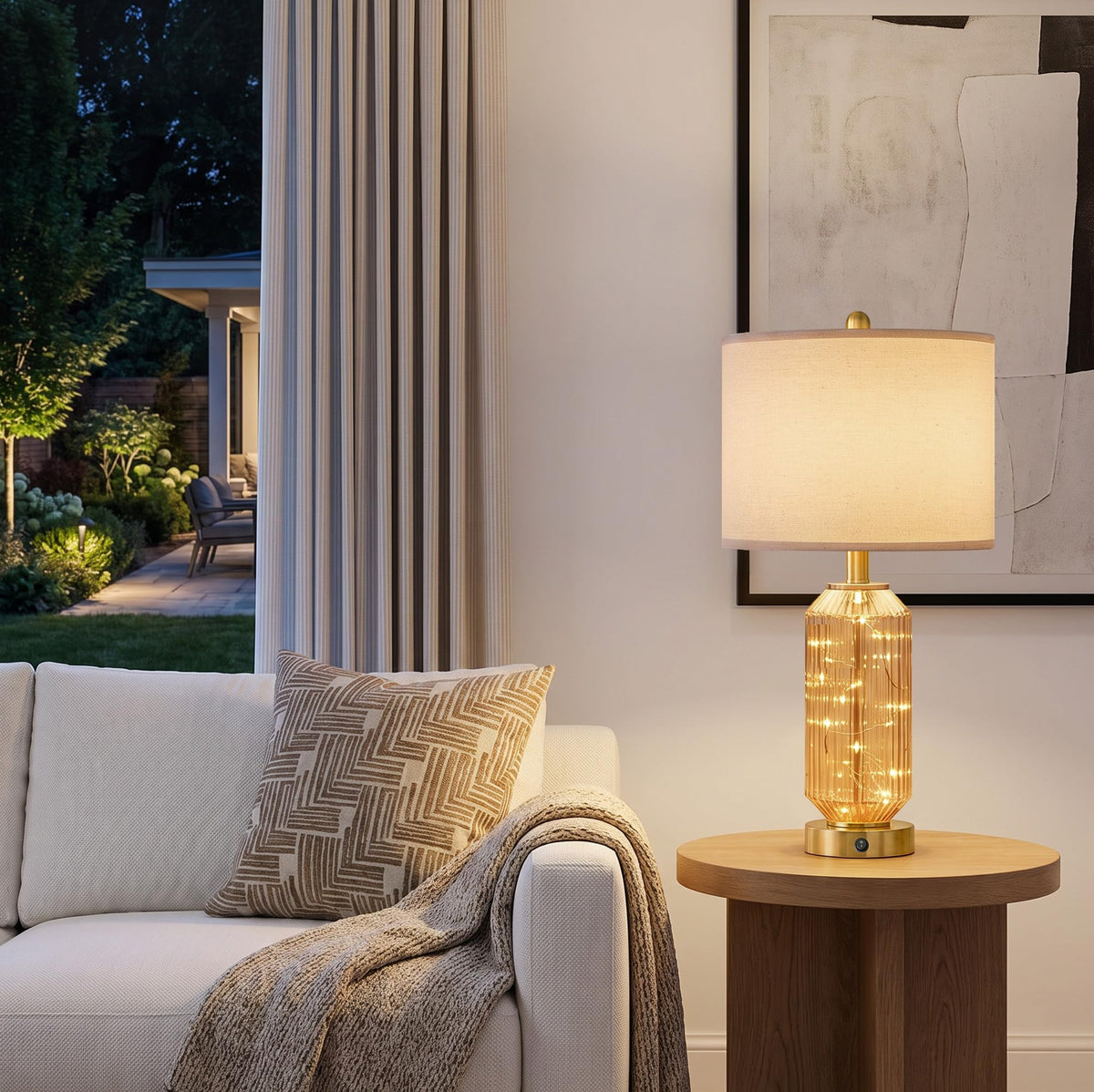 Oneach 24.5" Bedside Table Lamps Set of 2, Amber Glass Lamp with Nightlight
