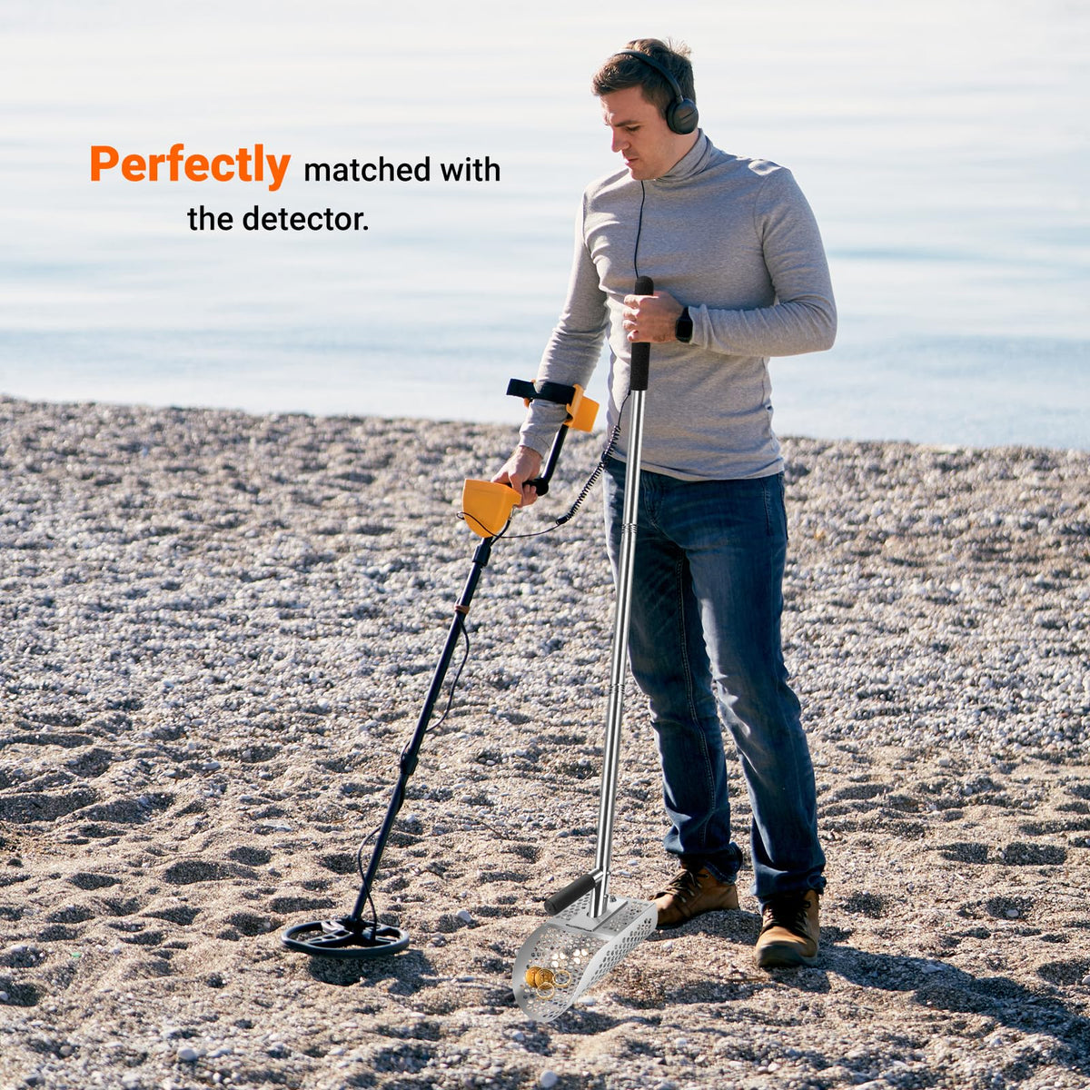 Yaheeda Long Handle Sand Scoop with Shovel for Metal Detecting, Metal Detector at Beach,Heavy Duty Stainless Steel Metal Detecting Tool,Treasure Finds Scoop, Digging Shovel Fast Sifting