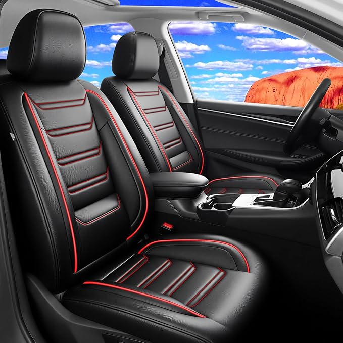 Fit Insight Car Seat Covers for Select Honda Insight 2010-2022, Premium Full Coverage Leather, Airbag Compatible & Scratch-Resistant, Waterproof All Weather Seat Protector, Full Set, Red Trim
