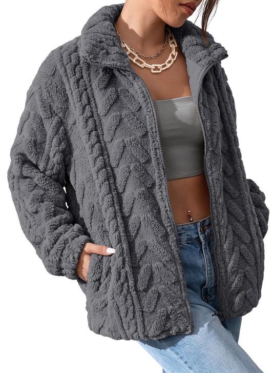 Dokotoo Ladies Sherpa Jacket 2026 Casual Baggy Side,Gray,L