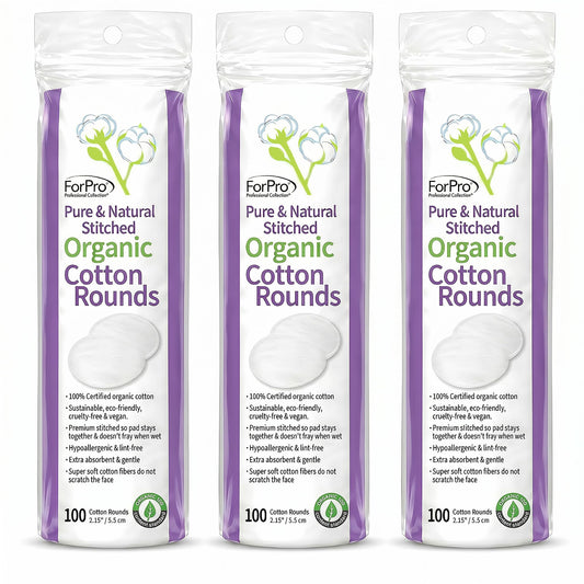 ForPro Organic Cotton Rounds for Face (300-Count) Stitched Makeup Remover Pads, 100% Certified, Lint-Free Hypoallergenic Skincare Pads for Toner, Sensitive Skin, Vegan & Cruelty-Free