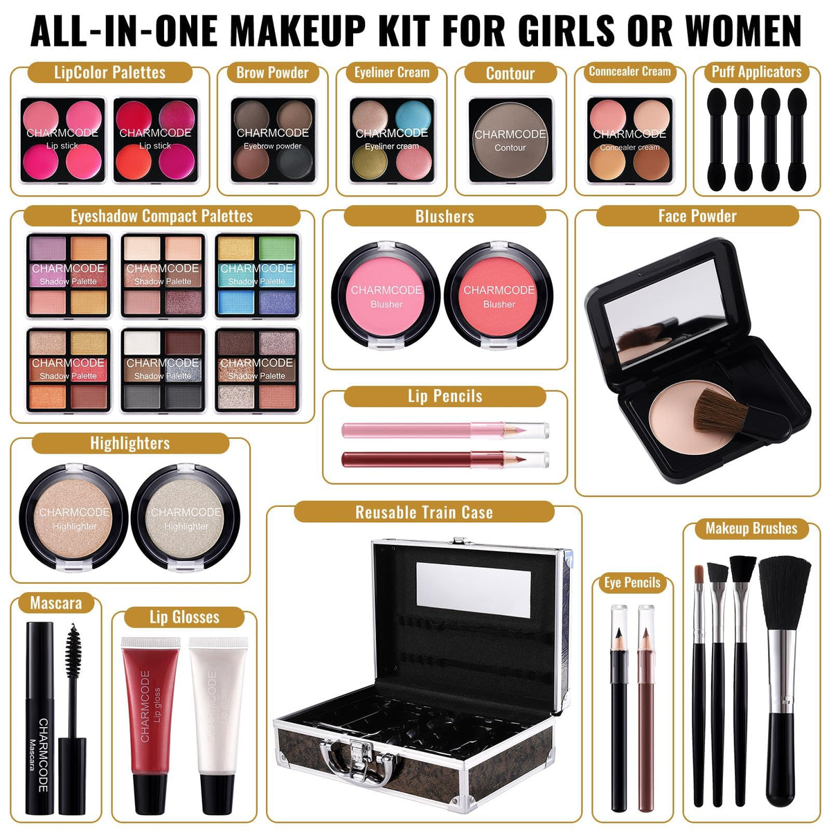 Makeup Kit for Teen Girls & Women Full Kit, Beauty Train Case with Starter Cosmetics Set, Make Up Christmas Gift Box with Eyeshadow,Lipgloss,Highlight,Blush,Lip&Eye Pen,Brush & More(GoldenBrown)